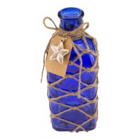 Cobalt Blue Square Bottle with Jute Rope Netting and Starfish Accent   